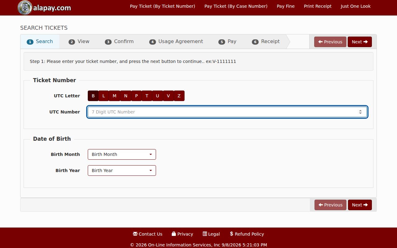 Alapay ticket number and birth date fields for a known Baldwin County traffic citation
