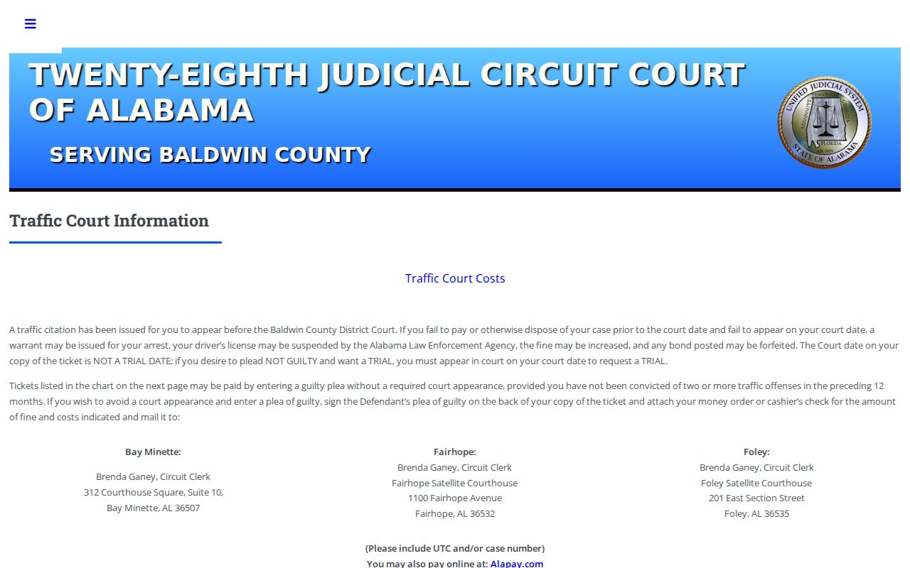 Baldwin County Circuit Clerk traffic warrant and citation instructions
