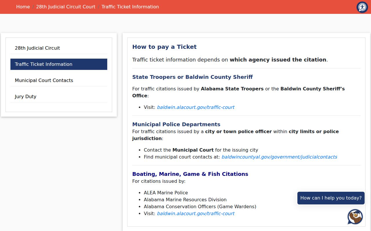 Baldwin County traffic warrant court routing information
