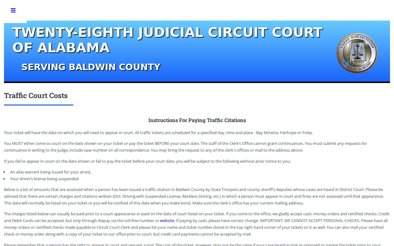 Official Baldwin County traffic court cost page with failure-to-appear warrant warning