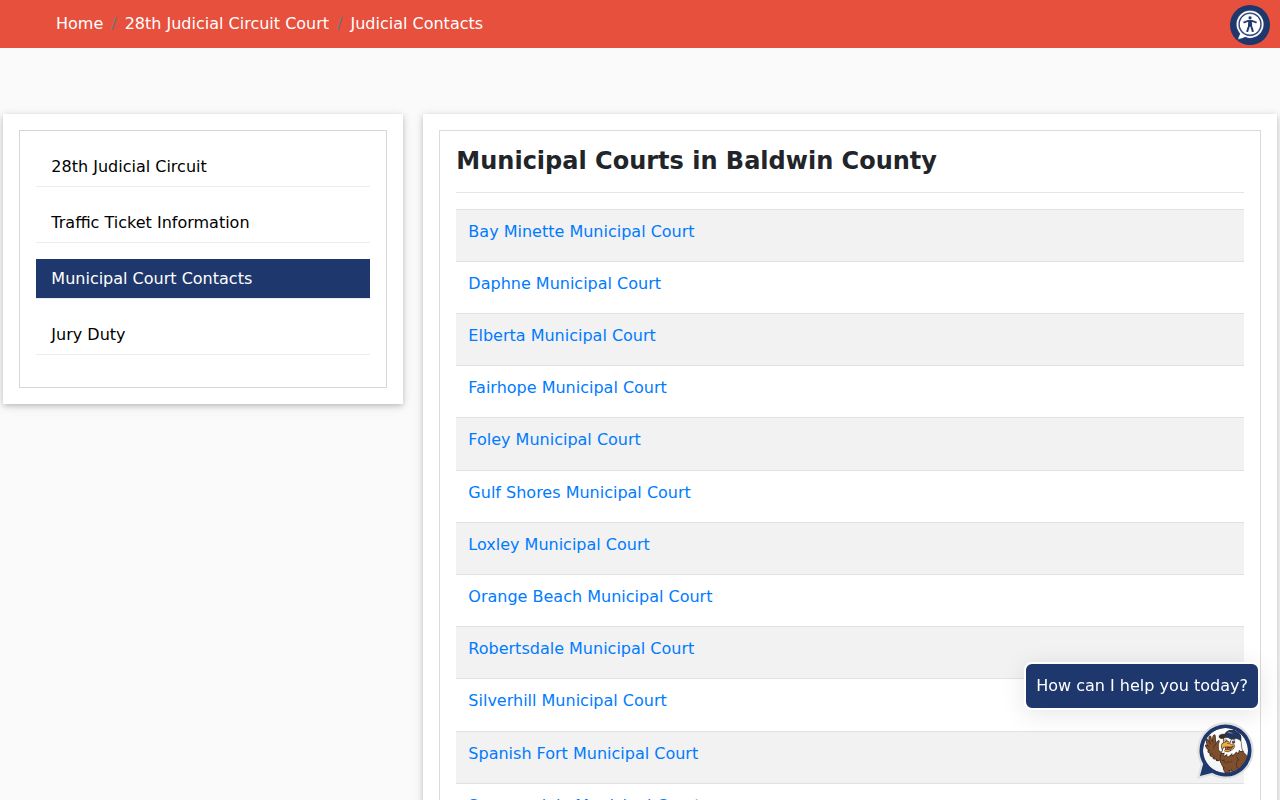 Baldwin County municipal warrant judicial contacts directory