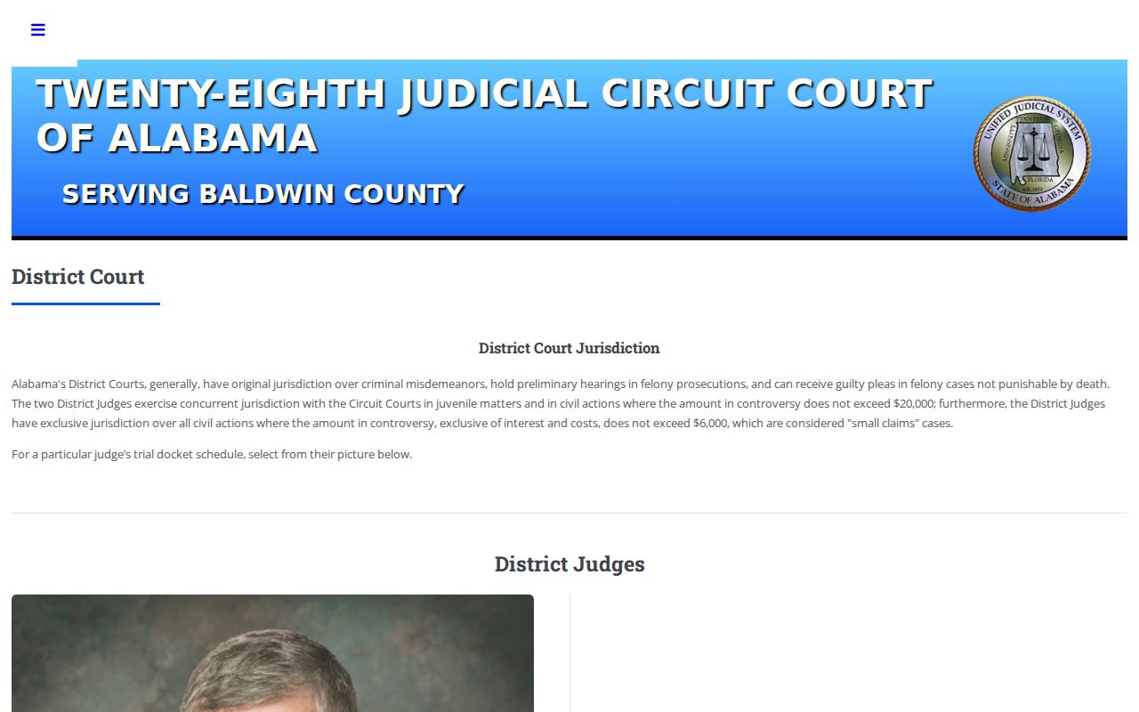 Baldwin County District Court page for state warrant routing