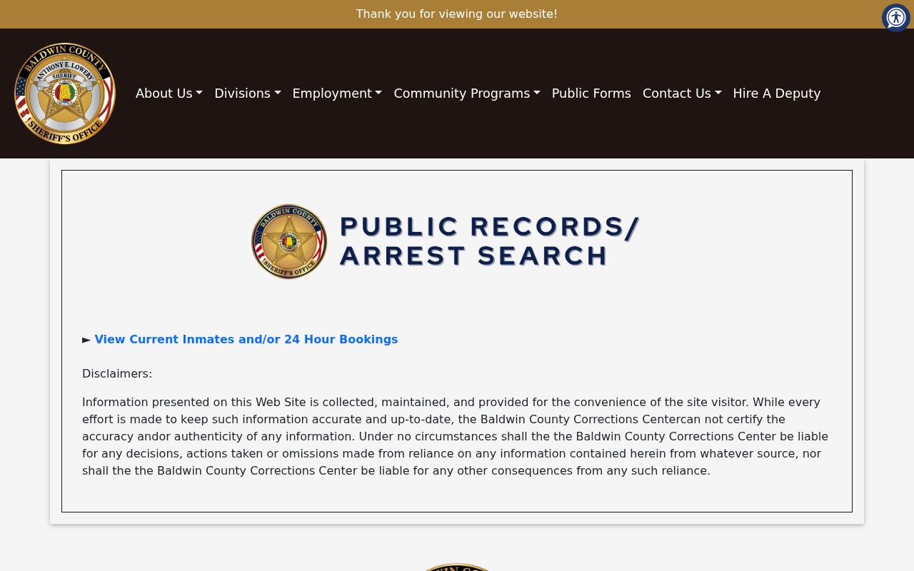 Official Baldwin County Sheriff arrest search page with booking link