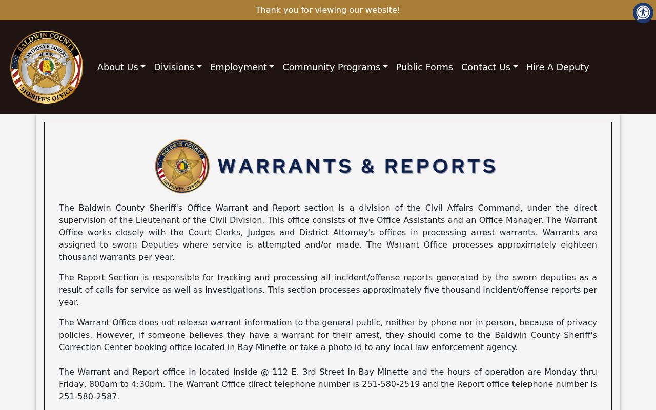 Official Baldwin County Sheriff Warrant and Report Section policy page